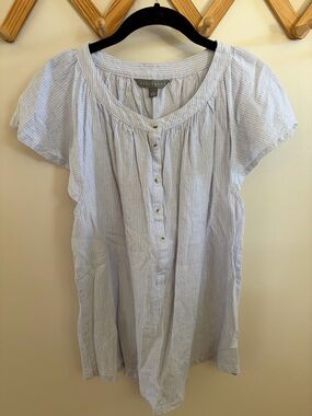 Sharagano Linen Rayon Blend Light Blue & White Striped Short Sleeve Blouse